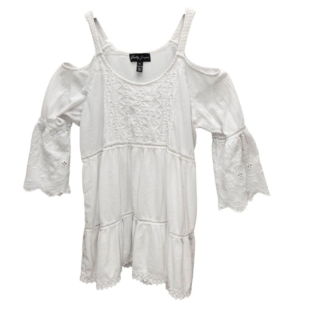 Gretty Zueger Cold Shoulder Mini Dress Womens XL White Eyelet Bell Sleeves Boho